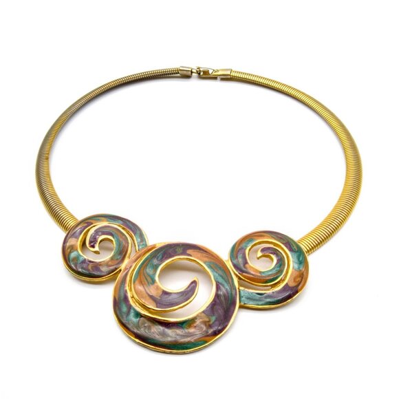 Chic Vintage Bib Omega Necklace, Gold Tone Chain Choker Enamel Triple Swirls - Picture 3 of 4